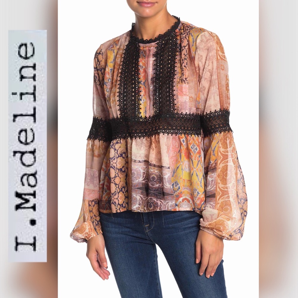 🆕I.MADELINE Crochet Lace Trim Balloon Sleeve Top
